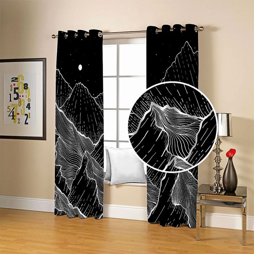 Digital Printing 3D Curtain Mountain Outline at Night Grommet Panel 2 Piece, W47" x L105", Black - vzzhome