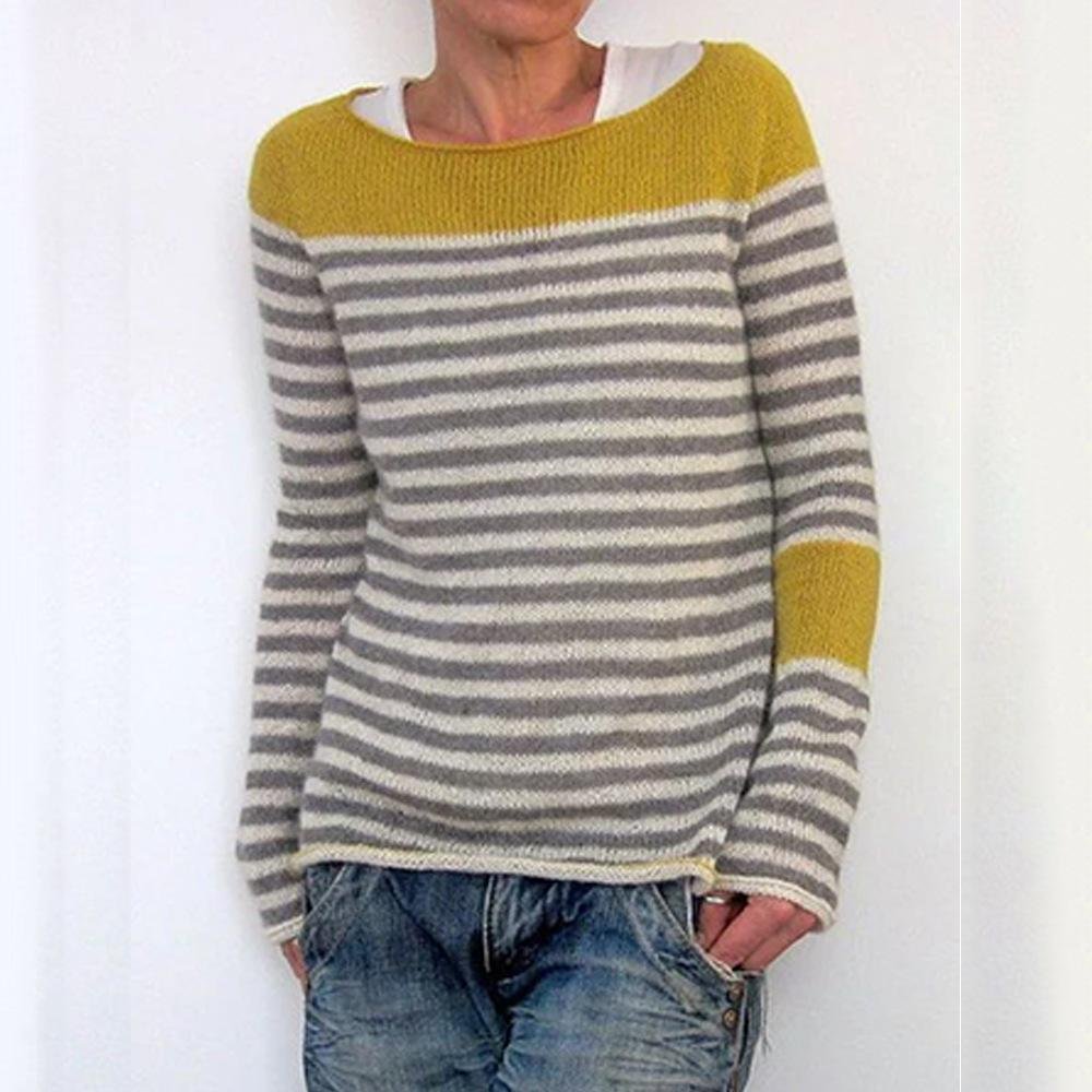 Solid Stripe Round Neck Sweaters-Corachic