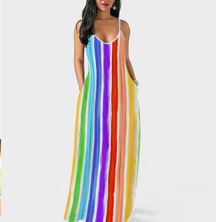 Women's Rainbow Dress Stripe Digital Printing Sexy V-neck Suspender Dress Backless Fashion Pocket Dress