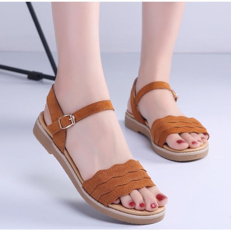 Women Summer Ankle Buckle Strap Sewing Flat Sandals Solid Comfort Casual Sandals-Corachic
