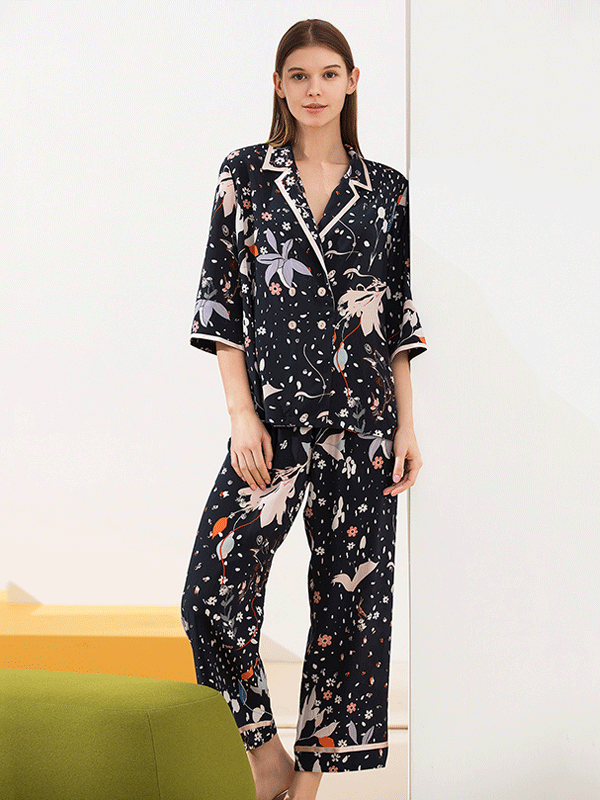 25 Momme High Quality Flower Printed Black Silk Pajamas Set-Real Silk Life
