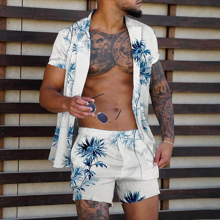 BrosWear Blue Printed Shirt And Shorts Two-Piece Set