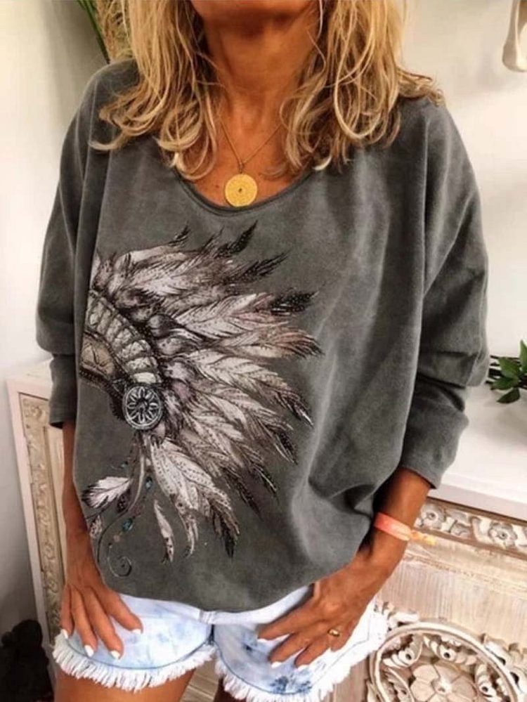 Fall Tribal Feather Print Long Sleeve Crew Neck T-Shirt Top-Mayoulove