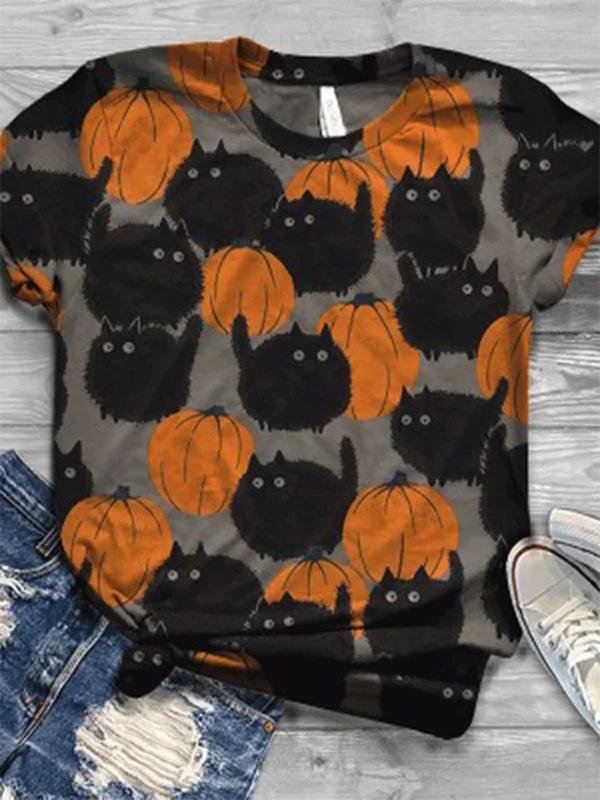 Ladies Halloween Black Cat And Pumpkin Printed T-shirts