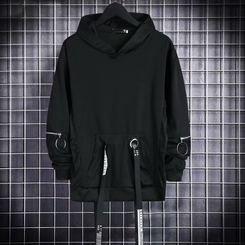 Black Hooded Long Streamer Casual Sweatshirts / Techwear Club / Techwear