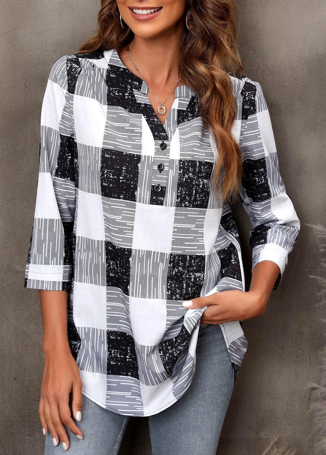Black And Gray Plaid Printed Casual Women's Tops