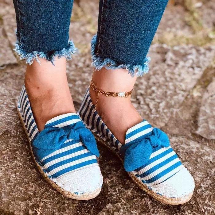 Women's Striped Bow Knot Round Toe Flats Shoes