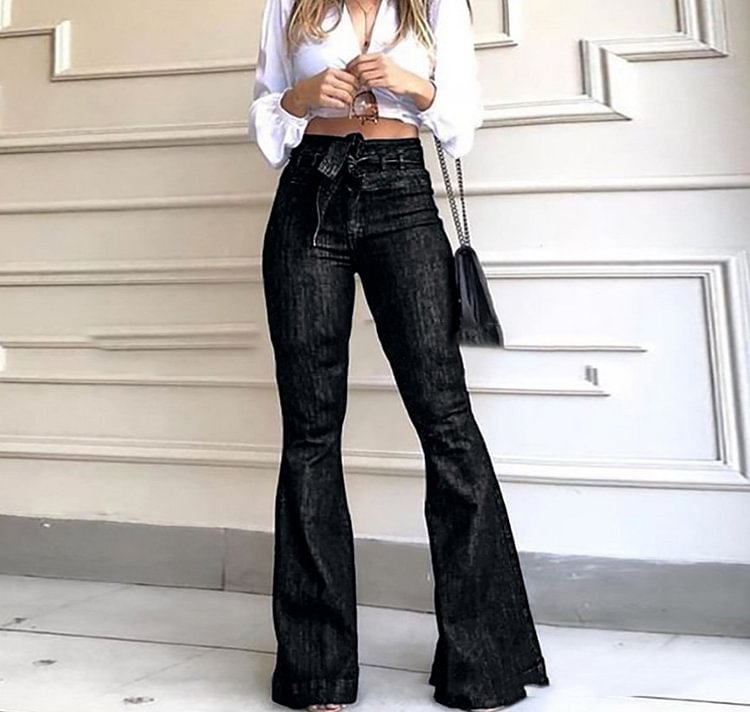 Womens High Waisted Bell Bottom Jeans Denim High Rise Flare Jean Pants with Wide Leg and Belt