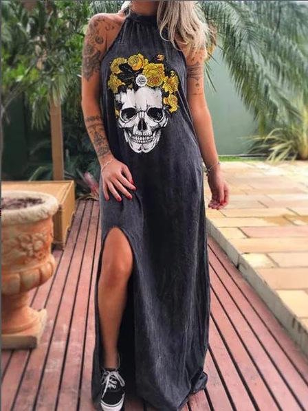 Skull Print Slim Mid-length Dress-Mayoulove