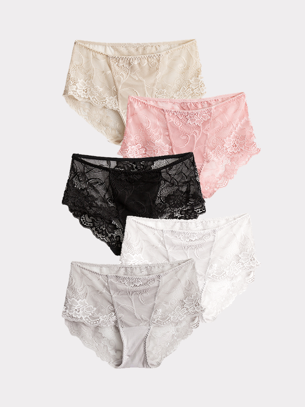 Elegant Mid-waisted Silk Panties With Lace Trim 5-Pack