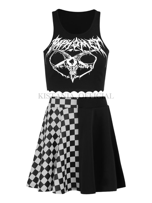 Dead Printing Sleeveless Short Black Top + Spliced Checkered Plaid Goth Skirts 2 Pieces Sets