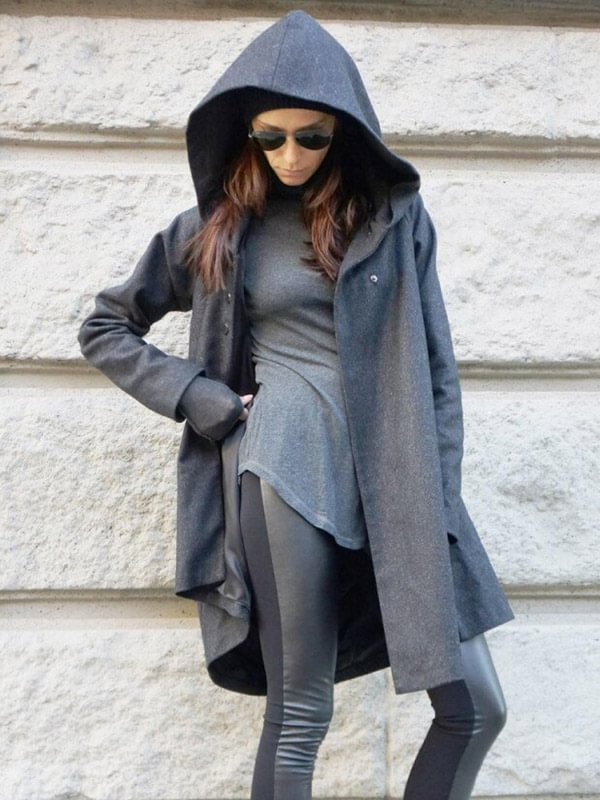 Deep Gray Asymmetric Buttoned Hooded Outerwear