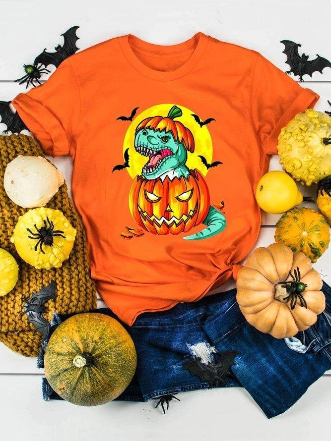 Halloween Pumpkin Dinosaur Graphic Short Sleeve Shirts & Tops-Mayoulove