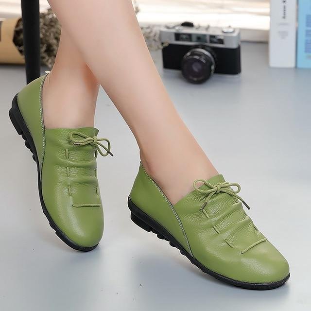 Lace-up Pleated Genuine Leather Flats Shoes Woman Rubber Party Shoes-Corachic