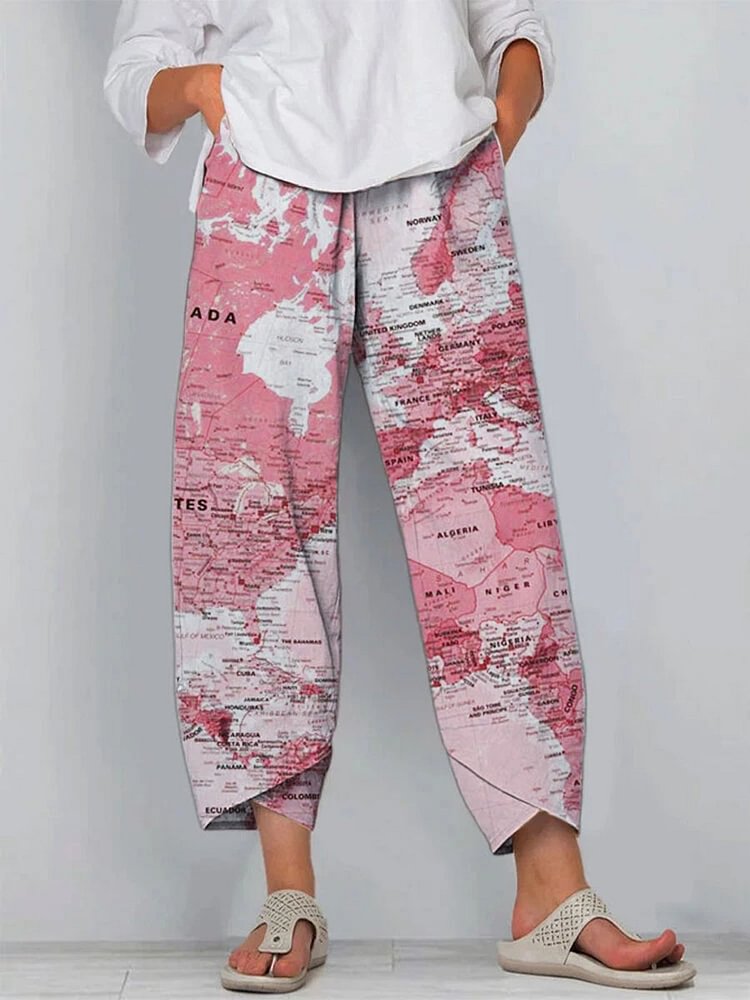 Map Art Illustration Print Pocket Slit Hem Loose Pants For Women