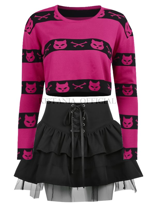Stripes Color-block Cat Crew Collar Long Sleeve Crop Sweater + Tulle High Rise Lace Up Tiered Skirts 2 Pieces Sets