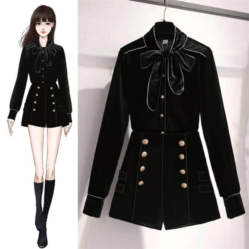 Bowknot Coat+Double Breasted Shorts P10348