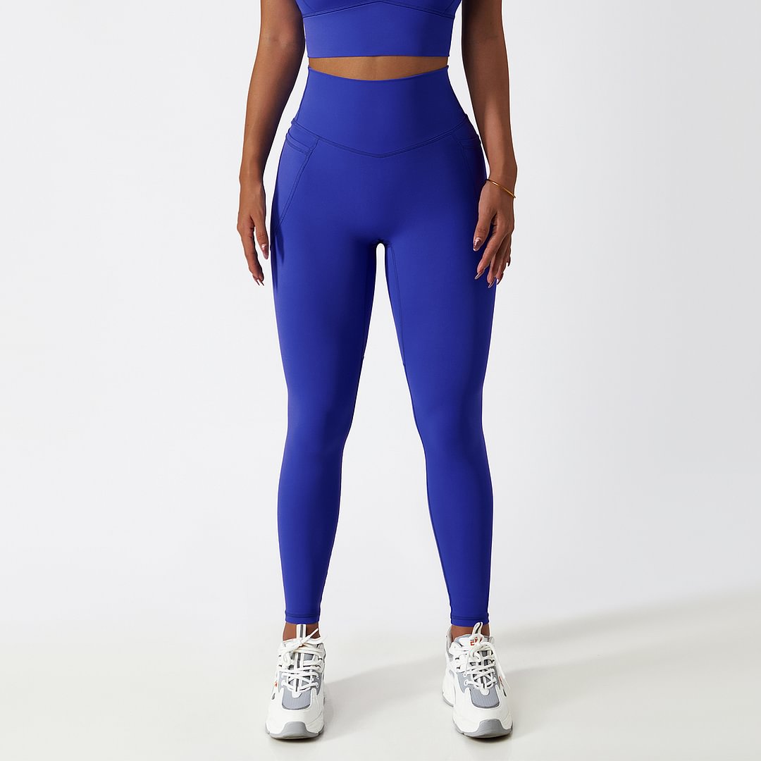 Hergymclothing Klein Blue ice silk buttery soft no t line butt lifting fitness leggings with pockets for sale