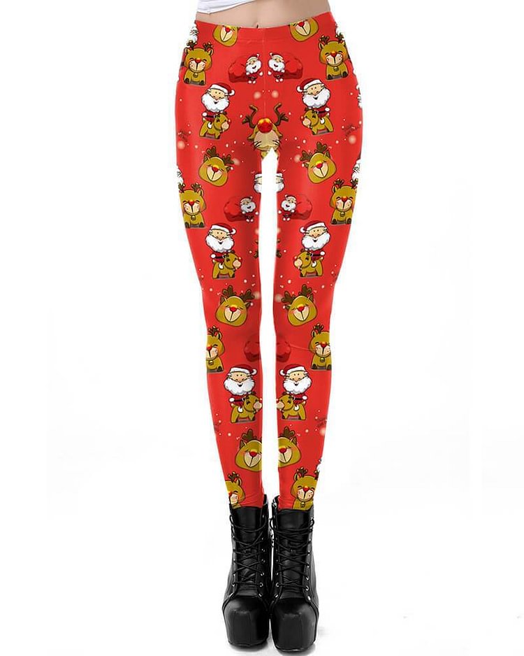 Mayoulove Cute Santa Claus And Rudolf Red Christmas Leggings For Women-Mayoulove