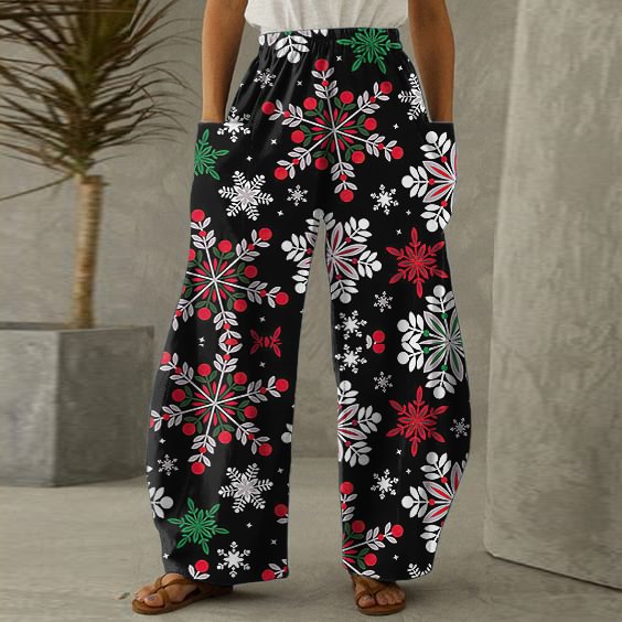 Womens Fashion Colorful Snowflake Pattern Pockets Pants