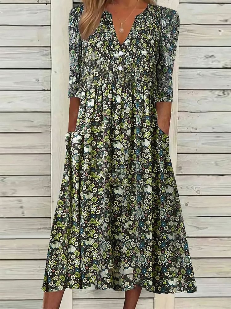 V-neck Casual Loose Floral Print Summer Short Sleev Midi Dress