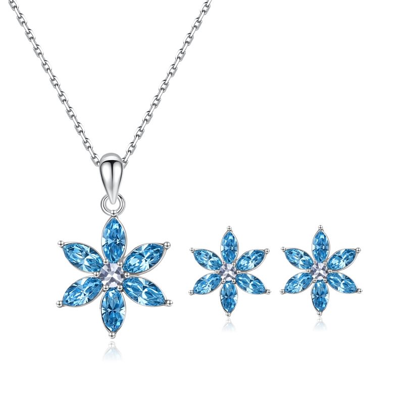 Lucky Flower Pendant Blue Crystal Necklace (Set)