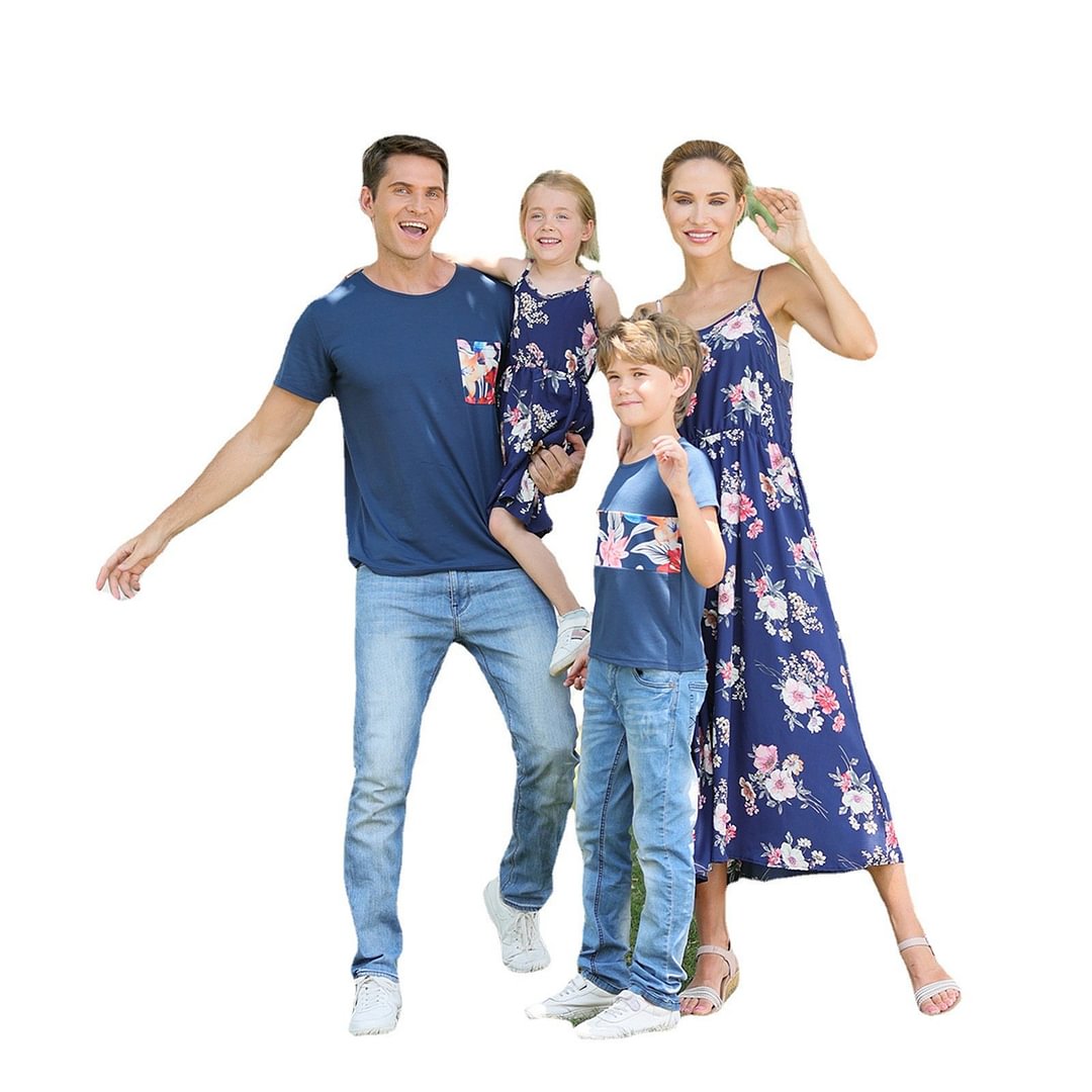 Floral Print Family Matching Tops(Sling Dresses for Mom and Girl-Raglan Sleeves T-shirts for Dad and Boy)TM003 - vzzhome