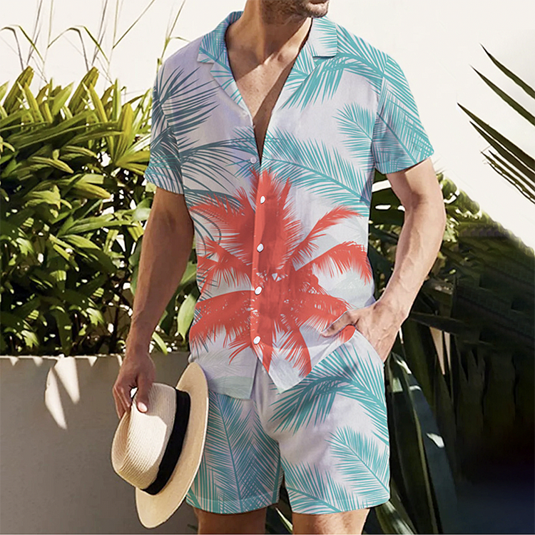 BrosWear Men's Resort Style Leaf Print Shirt Beach Set