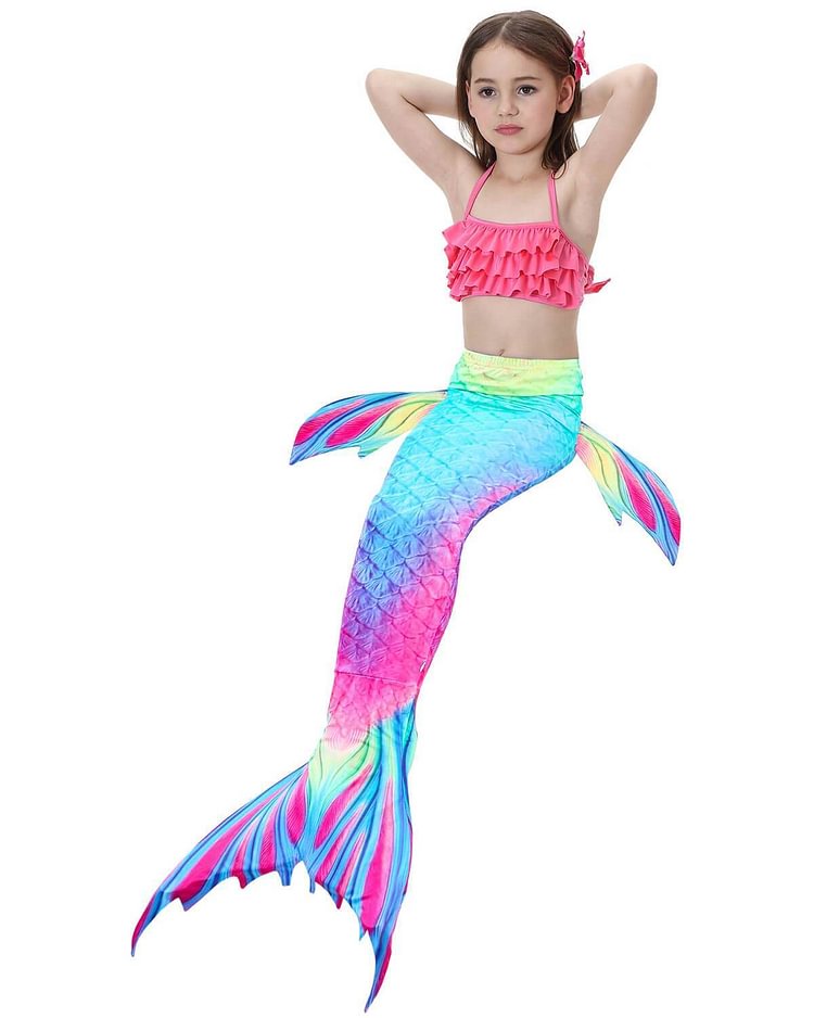 Girls Rainbow Swimsuit Top Bottom And Mermaid Tail Costume Blue Pink-Mayoulove