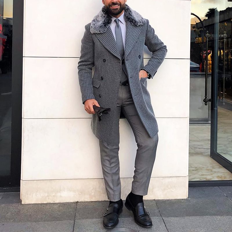 Tiboyz British Casual Grey Gentleman Fur Collar Coat