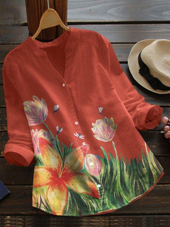 Orange Cotton-Blend Boho Floral Shirts & Tops