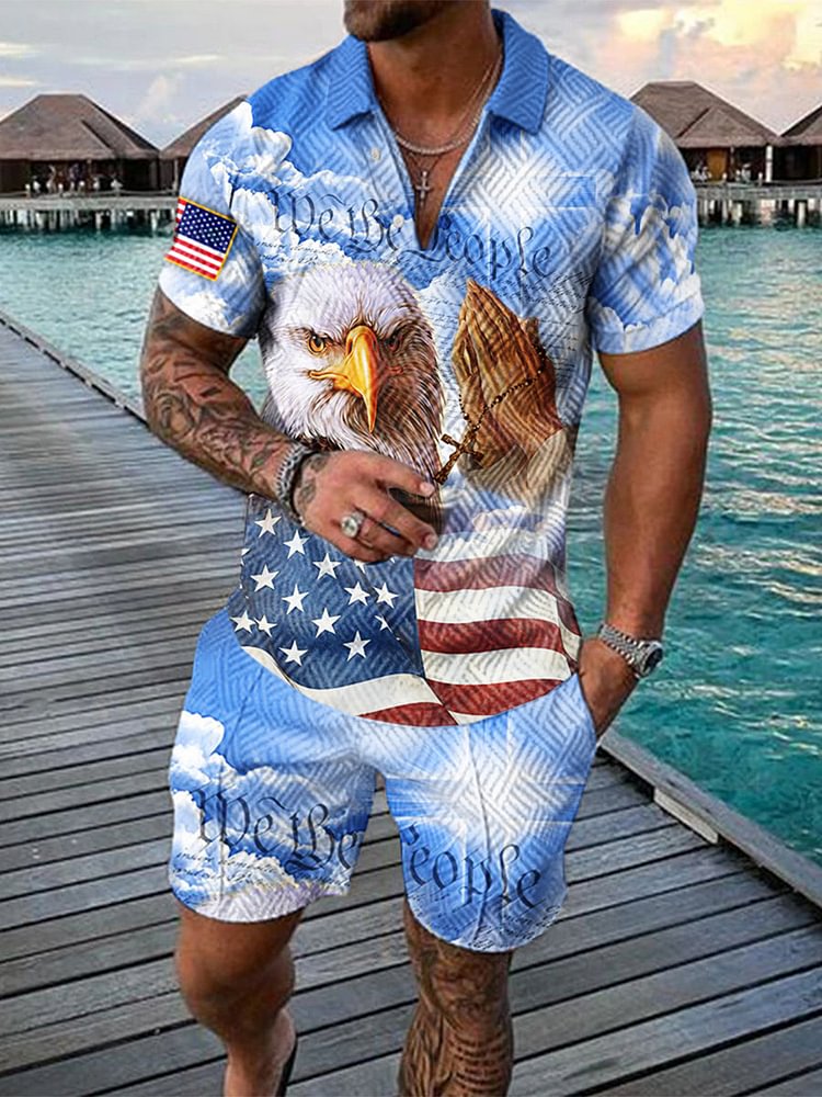 Men's Holiday Eagle Blue Printed Polo Suit