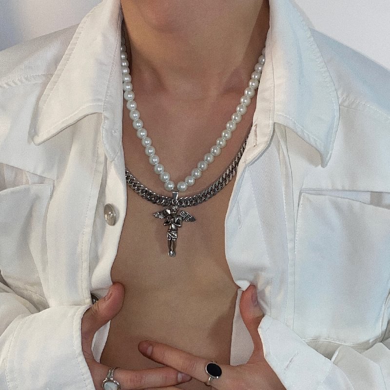 Angel Pendant Double Layer Titanium Steel Chain Pearl Hip Hop Necklace / Techwear Club / Techwear