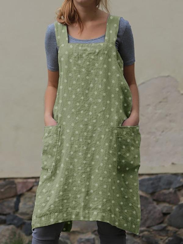 Vintage Cottage Home Garden Double Pockets Polka Dot Apron Pinafore Dress-Mayoulove