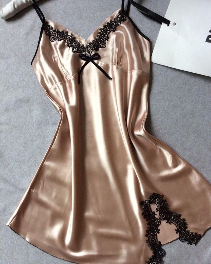 Lace Trim Satin Sleepwear Cami Dress P13018