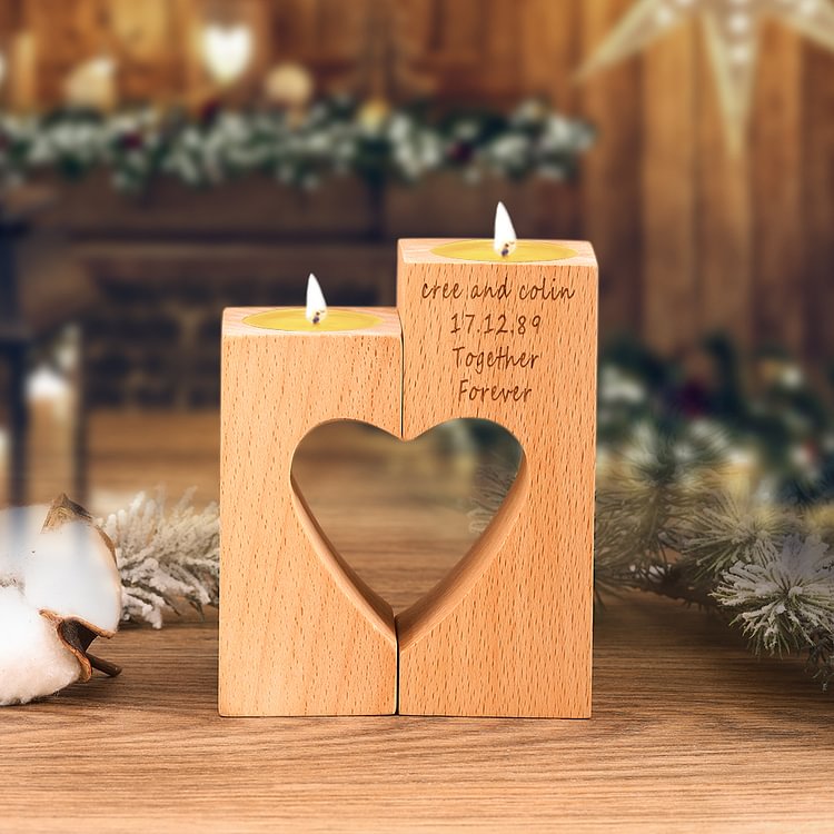 Personalized Engraved Wood Candle Holder Heart Shaped Family Gift