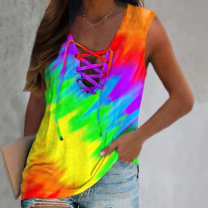 Rainbow gradient print lace-up vest designer
