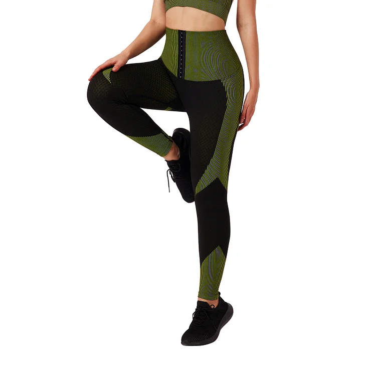 Green Seamless High-waisted Tummy Control Yoga Pants With Three-row Eye And Hook Closure