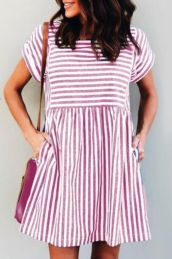 Square Collar Short Sleeve Striped Mini Dress (4 Colors) P15453