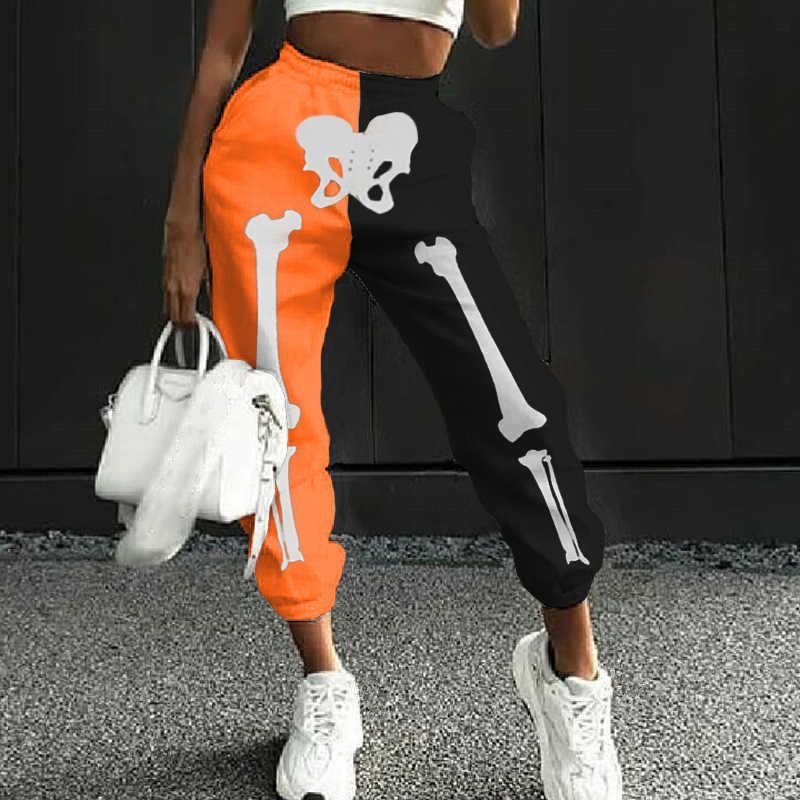 Black Orange Color Block Skull Printed Casual Women's Harem Sports Pants
