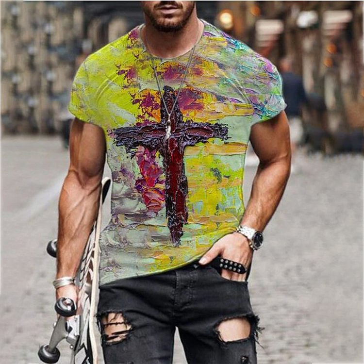 BrosWear Men's Faith Cross Oil Painting Print T-Shirt