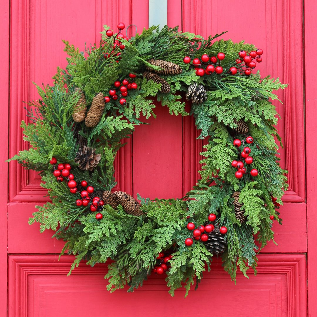 Cedar, Red Berry and Pinecone Christmas Wreaths For Front Door Winter Wreath