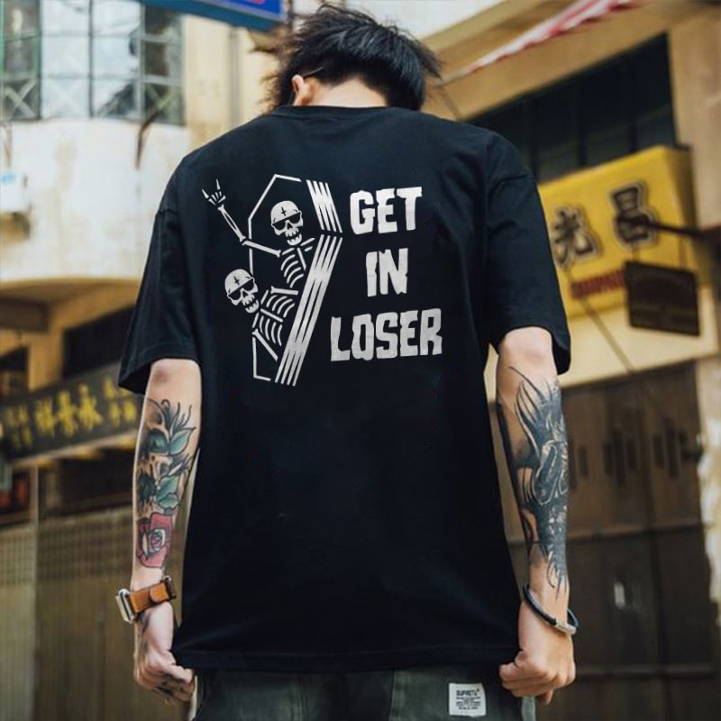 Minnieskull Get In Loser Skulls Printed Men's Casual Black T-shirt - Minnieskull