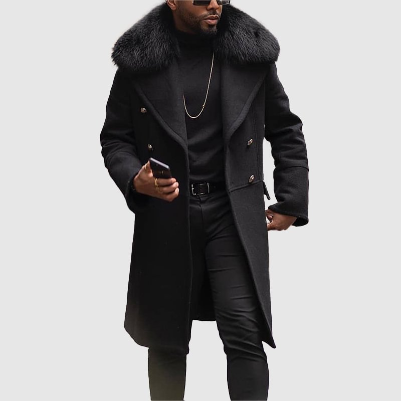 Tiboyz Men'S Casual Solid Color Large Fur Collar Long Coat