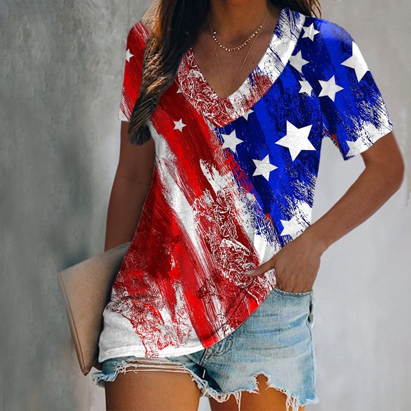 American Flag Print Casual V-Neck T-Shirt