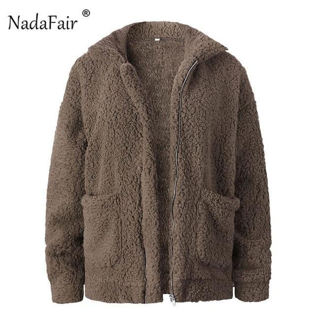 Teddy Coat Women Fluffy Jacket Autumn Zipper Plush Thick Casual Plus Size Lamb Winter Faux Fur Coat Overcoat-Corachic