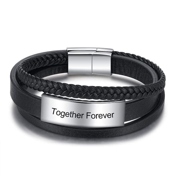 Multi-layer pure leather customizable bracelet, Personalized Men Leather Braided Bracelet