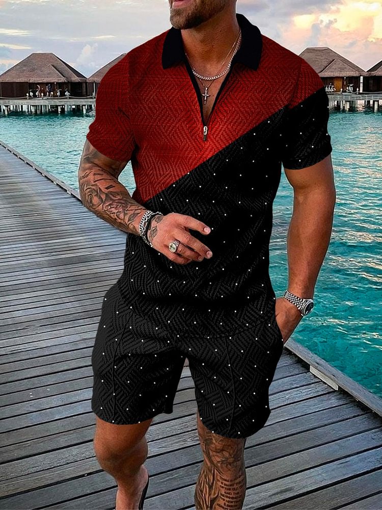 Men's Fashion Vacation Contrast Color Polka Dot Printed Polo Suit