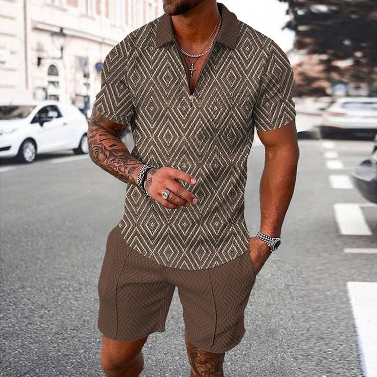 BrosWear Fashion Men's Dark Pattern Short Sleeve Polo Shirt Set