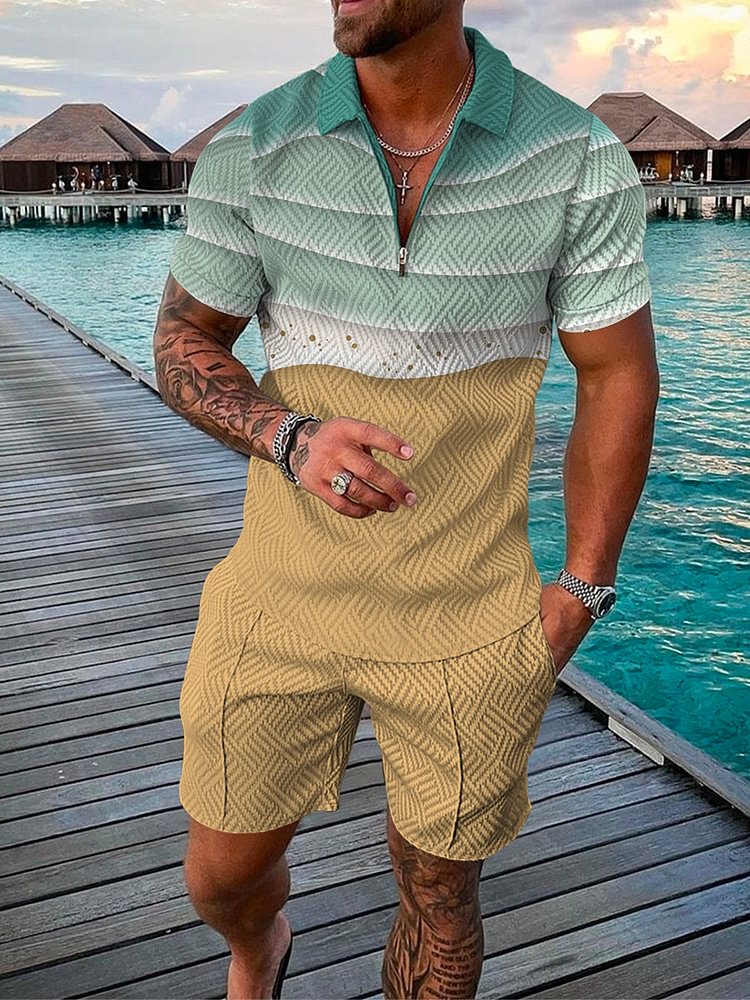 Men's Art Layered Beach Print Polo Suit